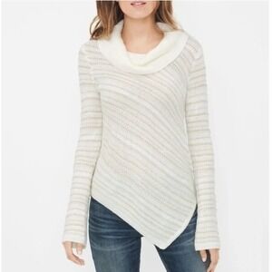 WHBM Asymmetric Hem Metallic Stripe Sweater Womens Cream Gold S Cowl Neck Modern